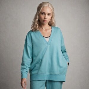 Champion Women's Long Sleeve V-Neck French Terry Pullover Teal Blue Size L